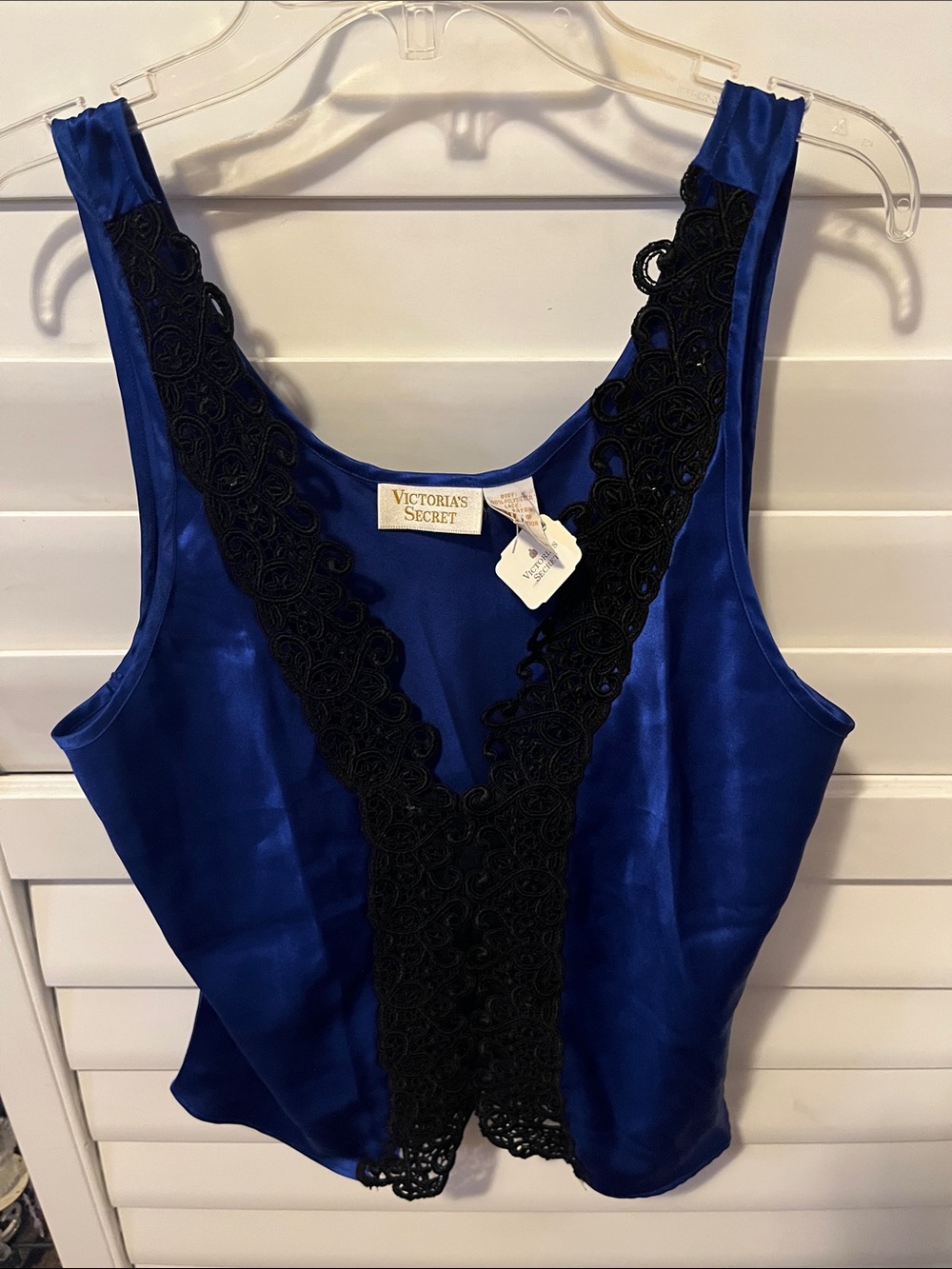 Victoria's Secret Blue Satin Tank with Black Lace Trim